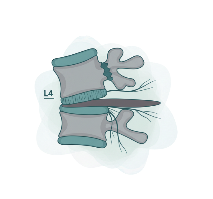 Ilustración de espondilolistesis lumbar en L4 con desplazamiento vertebral y compresión nerviosa.