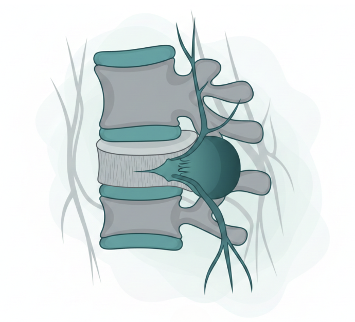 Ilustración de hernia discal lumbar que comprime las raíces nerviosas de la columna.