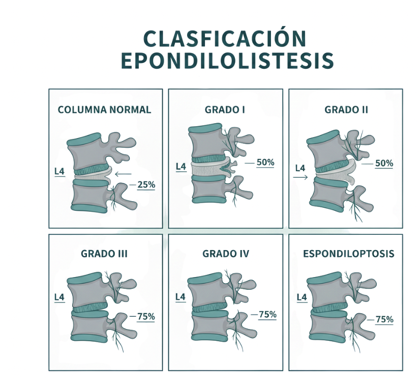 Ilustración de la clasificación de espondilolistesis lumbar por grados según el desplazamiento de la vértebra.