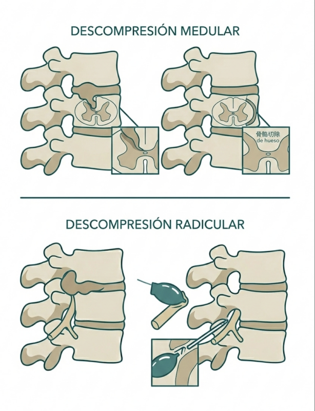Ilustración médica de descompresión medular y descompresión radicular para tratar compresión nerviosa en la columna vertebral.